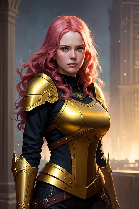 Craft a magnificent, girl, golden armor, eye contact, beautiful woman, long curly pink hair, (backlighting), realistic, masterpiece, highest quality, [[chromatic aberration]], by Jeremy Lipking, by Antonio J. Manzanedo, digital painting, modelshoot style, (extremely detailed CG unity 8k wallpaper), professional majestic oil painting by Ed Blinkey, Atey Ghailan, by Jeremy Mann, Greg Manchess, Antonio Moro, trending on ArtStation, trending on CGSociety, Intricate, High Detail, Sharp focus, dramatic, photorealistic