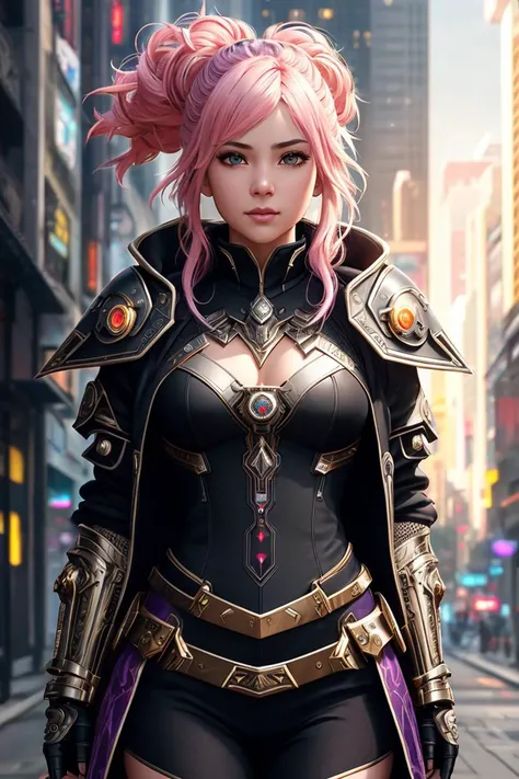 Generate a magnificent, (extremely detailed CG unity 8k wallpaper), full shot body photo of the most beautiful artwork in the world, a girl,pink hair,wearing a costume, cyberpunk art, depraved,cybernetic demon, Many Small_purple_glowing_source_engine on cloth(1.5), intricate assasin armor, cyberpunk angry gorgeous druid, 3d,cg,Lens_Flare, trending on ArtStation, trending on CGSociety, Intricate, High Detail, Sharp focus, dramatic, photorealistic painting art by midjourney and greg rutkowski, by Cedric Seaut (Keos Masons),style by ivan talavera and artgerm,by lee griggs and jason chan, rendered in lumion,2030s