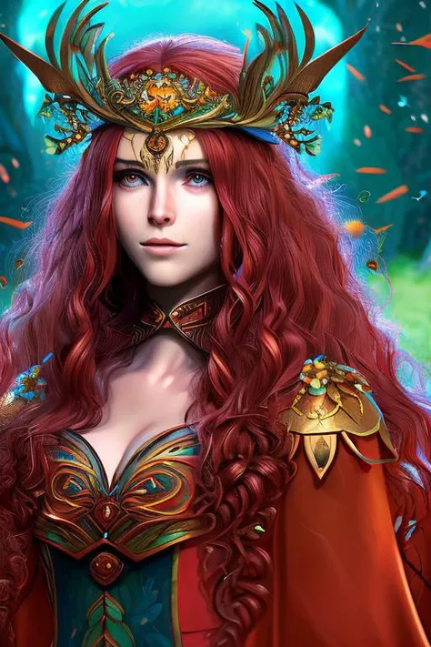 close up angle, portrait of a beautiful magic witch, facing front,intricate,highly detailed,red long hair,wearing Gorgeous magic robe and ornate magic cloak,background is a magic forest with fireflies,8k,by Alejandro Burdisio and Alfons Mucha