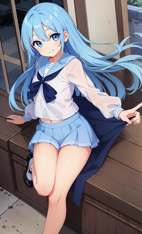 (Ultra high definition eyes,Beautiful detailed eyes,Fine and beautiful eyes:1.4),happy smile,street,pink eyes,blue sky,full body,sailor uniform,sky blue hair,