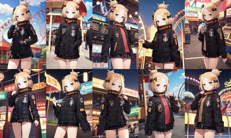 masterpiece, best quality, highres, hmaw3, short hair, bow, single hair bun, (black jacket:1.2), skirt, <lora:abigail_v1:0.8>, cowboy shot, standing, amusement park,