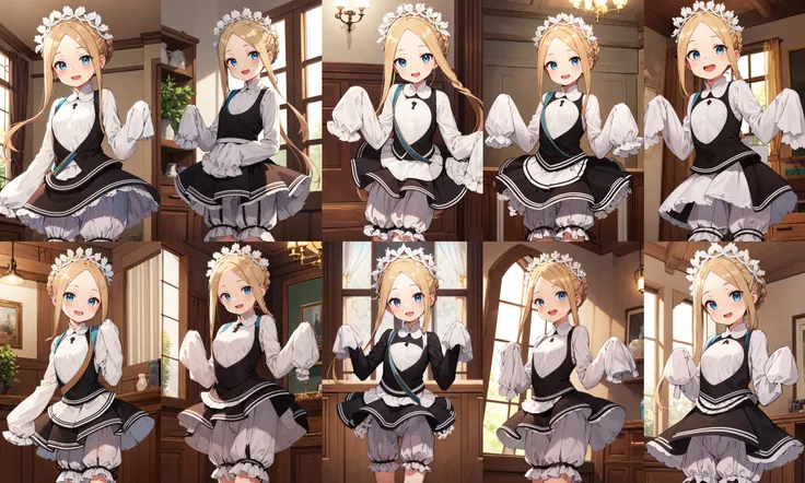 masterpiece, best quality, highres, hmaw5, braid, maid headdress, maid, white shirt, bloomers, sleeves past wrists, <lora:abigail_v1:0.8>, cowboy shot, standing, indoors, smile, open mouth