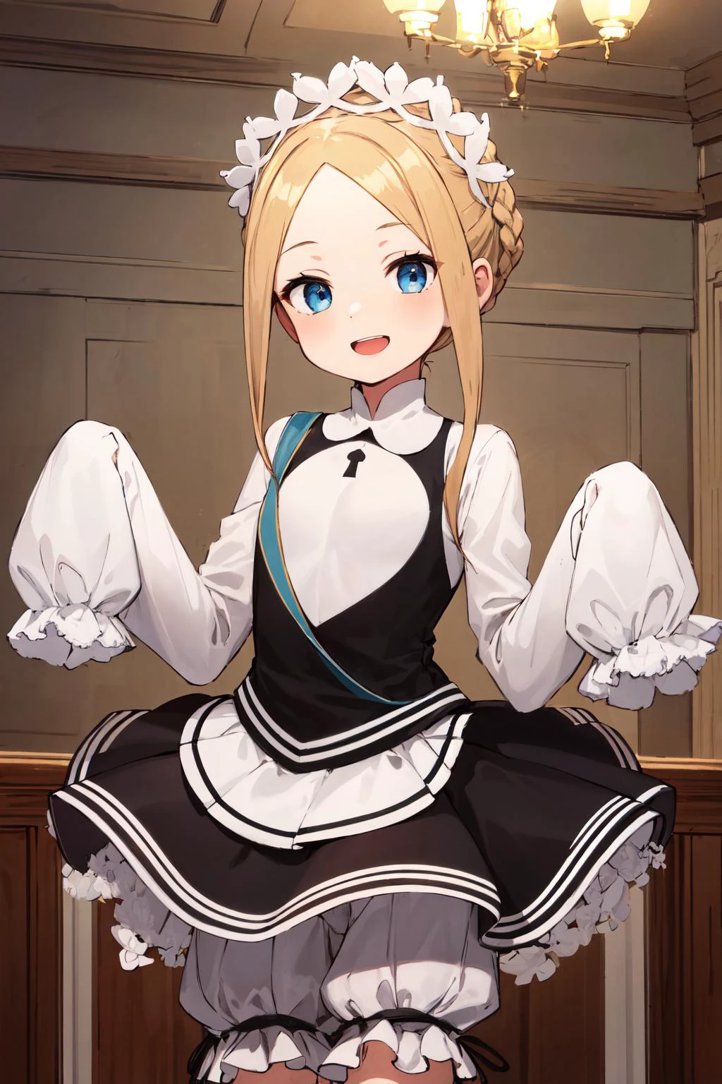 masterpiece, best quality, highres, hmaw5, braid, maid headdress, maid, white shirt, bloomers, sleeves past wrists, <lora:abigail_v1:0.8>, cowboy shot, standing, indoors, smile, open mouth
