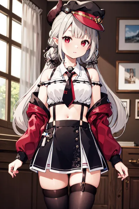masterpiece, best quality, highres, hmnac, horn, hat, midriff, white shirt, crop top, off shoulder, black necktie, long sleeves, sleeveless, black skirt, black thighhighs, thigh strap, red jacket, suspenders, <lora:naraka_v10:0.7>, cowboy shot, indoors, standing