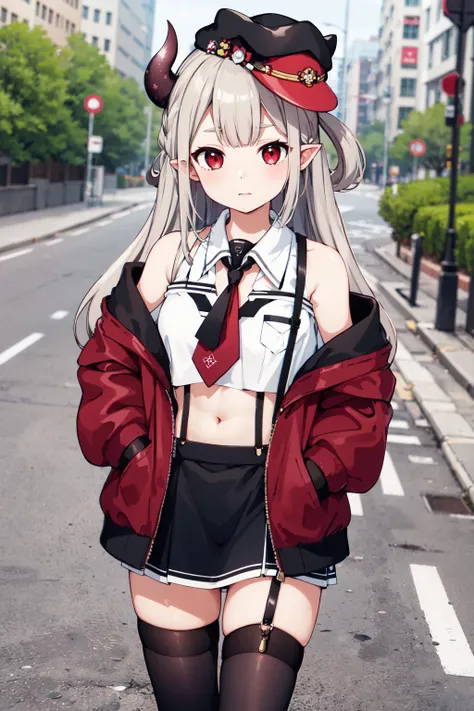 masterpiece, best quality, highres, hmnac, horn, hat, midriff, white shirt, crop top, off shoulder, black necktie, long sleeves, sleeveless, black skirt, black thighhighs, thigh strap, red jacket, suspenders, <lora:naraka_v10:0.7>, outdoors, hand in pocket, street, walking, cowboy shot