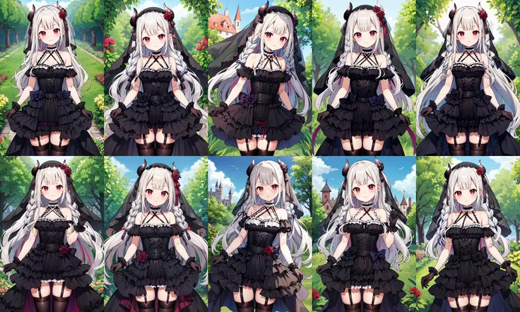 masterpiece, best quality, highres, hmnad, black veil, garter straps, black dress, black thighhighs, black gloves, hair bow, gothic, criss-cross halter, bare shoulders, frills, rose, ribbon, multicolored hair, <lora:naraka_v10:0.7>, garden, castle, outdoors, standing, cowboy shot