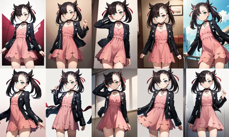 masterpiece, best quality, highres, hmmarnie, aqua eyes, black choker, red ribbon, pink dress, jewelry, black jacket, open clothes, long sleeves, <lora:marnie_v1:0.7>, cowboy shot, standing,
