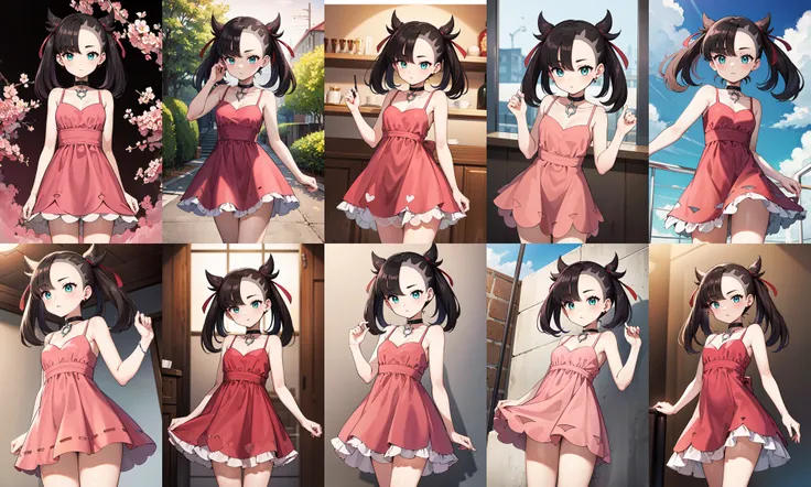 masterpiece, best quality, highres, hmmarnie, aqua eyes, black choker, red ribbon, pink dress, jewelry, <lora:marnie_v1:0.7>, standing, cowboy shot,