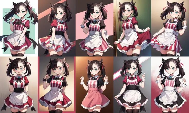 masterpiece, best quality, highres, hmmarnie, aqua eyes, hair ornament, earrings, jewelry, vertical-striped dress, black apron, short sleeves, wrist cuffs, black thighhighs, <lora:marnie_v1:0.7>, cowboy shot, standing, smile