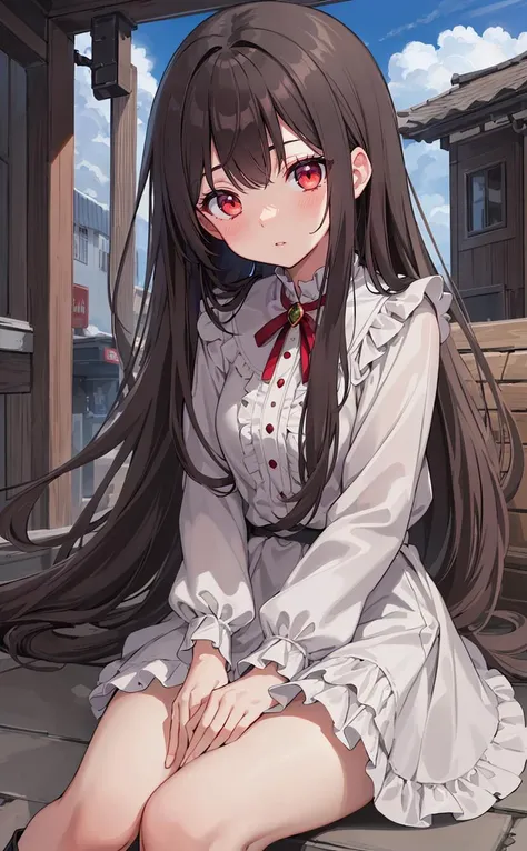 (best quality,high resolution,Beautiful detailed eyes,White lighting:1.2),red eyes, looking at viewer, long hair, black hair, long boots, black footwear, blush, sitting, long sleeves, bangs, parted lips, black hair, dress, knees up, brown hair, white skirt, frills, skirt,thighs, sidelocks,