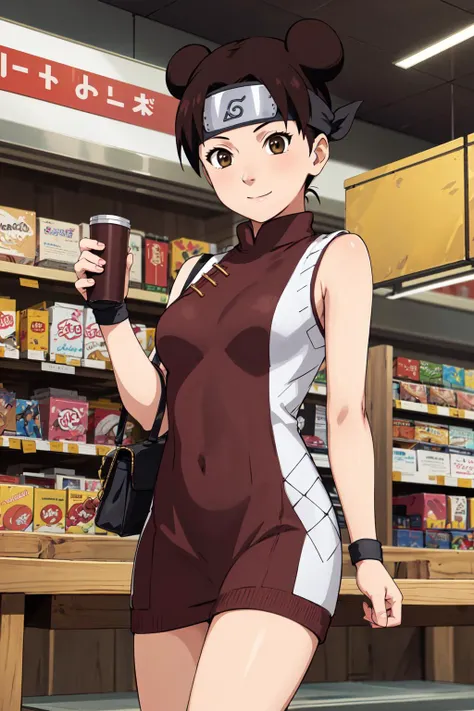 masterpiece, best quality, highres, tenten\(shippuden\), 1girl, solo, medium breasts, forehead protector, konohagakure symbol, headband, <lora:Tenten[V2Alt]:0.65>, sweater dress, sleeveless, supermaket, handbag, cowboy shot, smile,