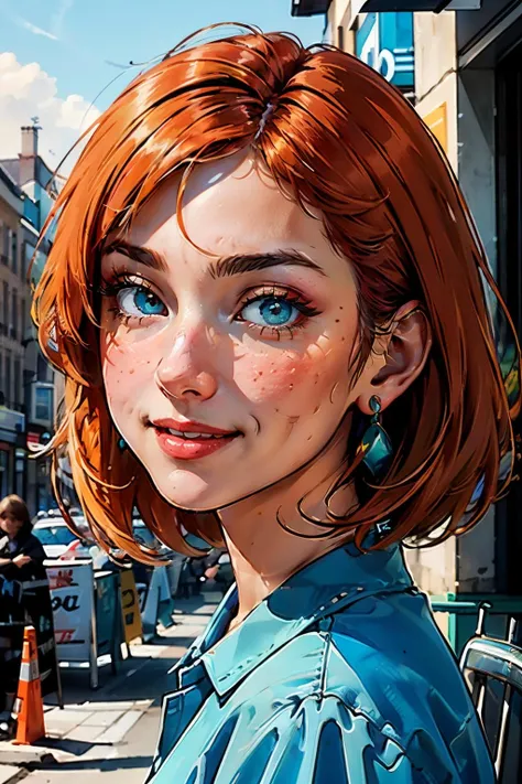 loisgriff, earrings, make up, orange hair, aqua shirt, looking at viewer,smiling, outside, blue sky, extreme detail, masterpiece, <lora:Lois_Griffin_LoRA:.7>