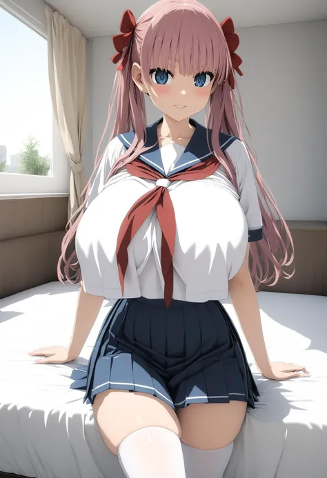 1girl, haramura nodoka, (asanagi:1.5), upper body, cowboy shot, serafuku, red neckerchief, (pleated skirt, blue skirt:1.22), blue eyes, hair ribbon, twin ribbons, (breasts curtain:1.1), huge breasts, light smile, short sleeves, white thighhighs, natural lighting, (masterpiece, best quality), outdoors, detailed scenery, hotel bed, (3d render:0.3), finely detailed <lora:haramura_nodoka_sdxl_ver1:0.65>