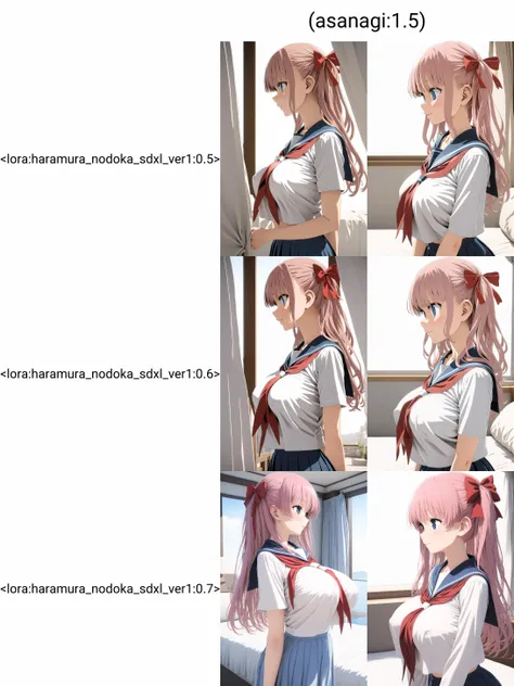 1girl, haramura nodoka, (asanagi:1.5), upper body, (from side, profile:1.22), serafuku, red neckerchief, (pleated skirt, blue skirt:1.22), blue eyes, hair ribbon, twin ribbons, (breasts curtain:1.1), breasts, light smile, neckerchief between breasts, natural lighting, (masterpiece, best quality), outdoors, detailed scenery, hotel bed, (3d render:0.5), finely detailed <lora:haramura_nodoka_sdxl_ver1:0.5>