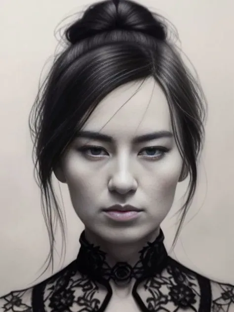 beautiful GeeCara , hair in tight bun, dark moody charcoal drawing , uniform, intricate details , trending on artstation,,