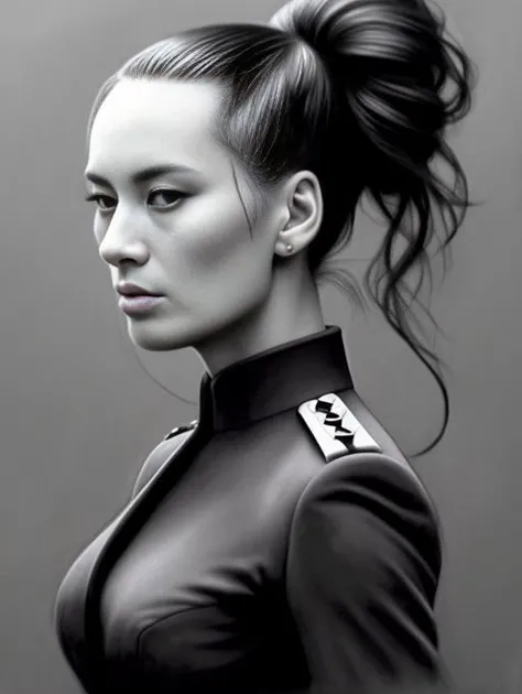 beautiful slim GeeCara , hair in tight bun, dark moody charcoal drawing , military uniform, intricate details , trending on artstation,,
