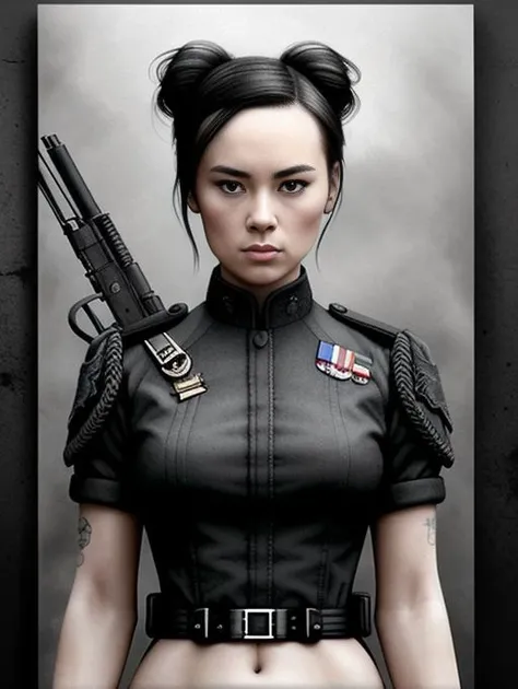 beautiful slim GeeCara , hair in tight bun, dark moody charcoal  drawing , military sci-fi uniform, intricate details , trending on artstation,,