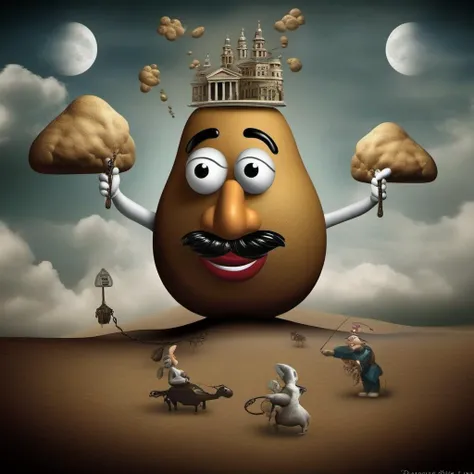 Surrealist art The Creation of MrPotatoeHead1024 <lora:MrPotatoeHead1024-000150:0.8> . Dreamlike, mysterious, provocative, symbolic, intricate, detailed