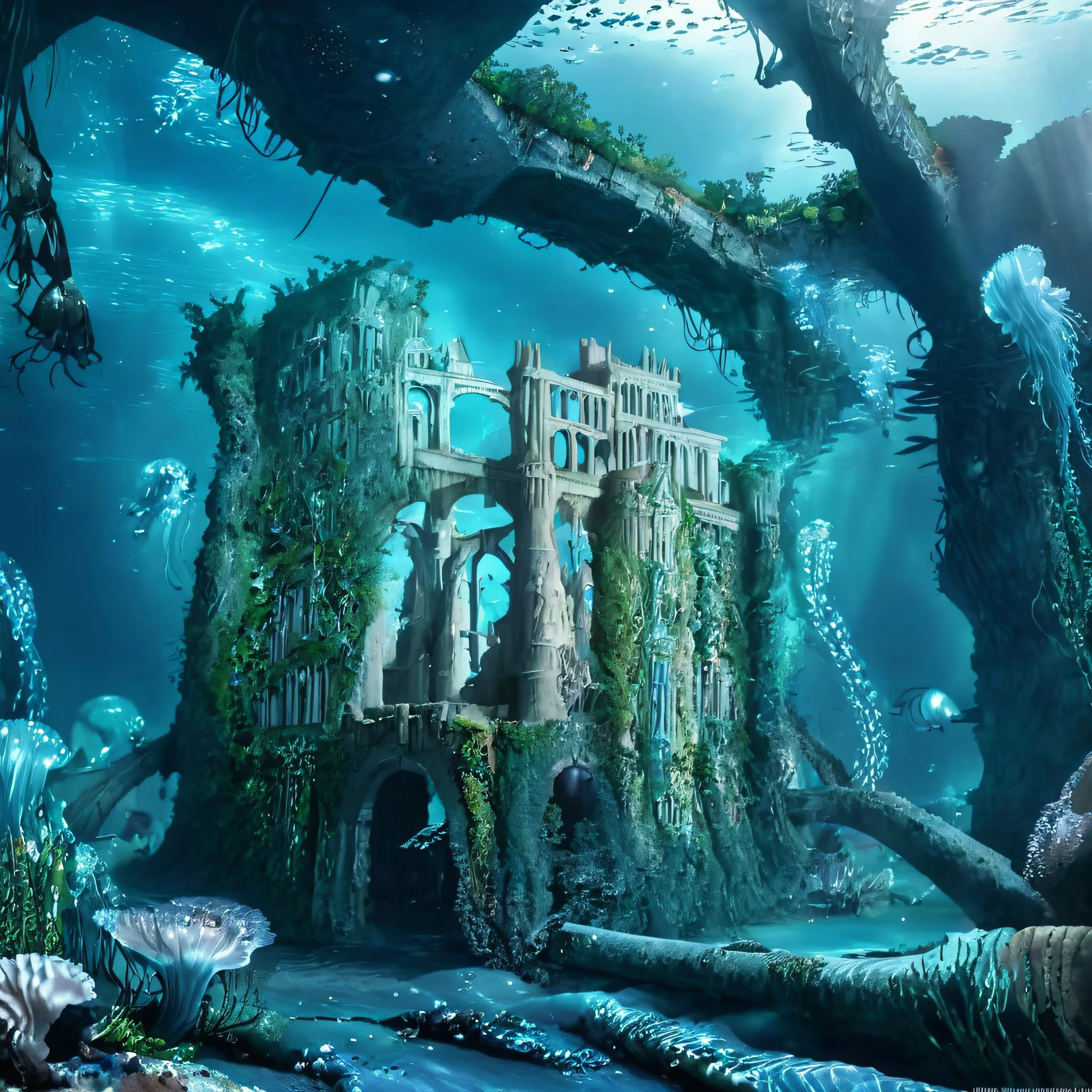 <lora:detailed_notrigger_sdxl1:1> <lora:codi3lle878c73el8a9g:1> <lora:AtlantisWorld_XL:1> <lora:RM_aquasubmerge_loha_v1.0_bf16:1> underwater city, AtlantisWorld, under water, jellyfish, atlantis, lush vegetation engulfing ancient ruins. A ruined castle under water Atlantis style, with jellyfish floating around, highly detailed, underwater world, 4k, realistic