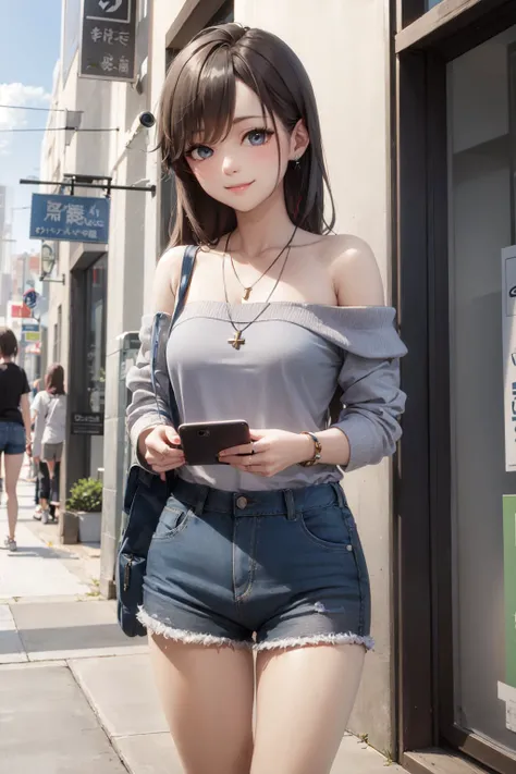 (masterpiece, best quality:1.2), <lora:lovecomedy_yukinoshita-12:1>, solo, 1girl, yukinoshita yukino, smile, looking at viewer, holding phone, off-shoulder shirt, shorts, jewelry, pendant, cityscape scenery, sidewalk