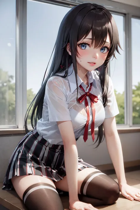 (masterpiece, best quality:1.2), <lora:lovecomedy_yukinoshita-12:1>, solo, 1girl, yukinoshita yukino, (shiny skin, wet skin:1.2), sweating, slight smile, looking at viewer, sitting, school uniform, white shirt, plaid skirt, thighhighs, afternoon, classroom