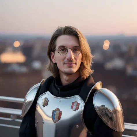 a photo of paulmirabel-3000, a man in Italian Plate Armor, view from side, A city at night background, roof top, analog style, masterpiece,best quality,official art, ultra high res, high quality, photo, realistic, highly detailed, photo realism, cinematic, Trending on artstation, hyperrealistic, sharp focus, 4k resolution, realistic skin, detailed symmetrical face, symmetrical eyes,