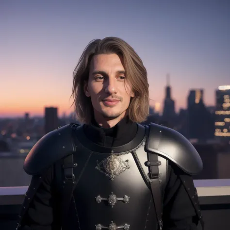 a photo of paulmirabel-3000, a man in Gothic Harness Armor, view from side, A city at night background, roof top, analog style, masterpiece,best quality,official art, ultra high res, high quality, photo, realistic, highly detailed, photo realism, cinematic, Trending on artstation, hyperrealistic, sharp focus, 4k resolution, realistic skin, detailed symmetrical face, symmetrical eyes,