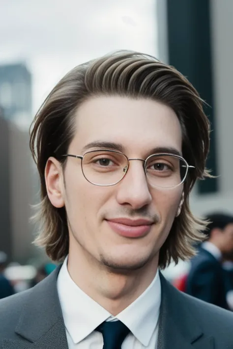 a photo of paulmirabel-3000, a man in suit, A city background, analog style, masterpiece,best quality,official art, ultra high res, high quality, photo, realistic, highly detailed, photo realism, cinematic, Trending on artstation, hyperrealistic, sharp focus, 4k resolution, realistic skin, detailed symmetrical face, symmetrical eyes,