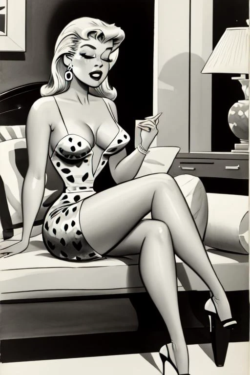 masterpiece, best quality, 1girl, breasts, cleavage, closed eyes, dandecarlo, earrings, heart, high heels, jewelry, large breasts, long hair, monochrome, pillow, sitting, solo,
<lora:DanDecarlo:1>