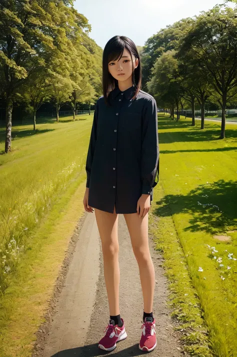 extremely detailed illustration of a asian girl, black straight hair, full body, wearing running shoes, standing on a grass field, tone mapped, highly detailed, beautiful, small details, ultra detailed, best quality, intricate, hyperrealism, sharp, digital illustration, detailed, realism, 4k, 8k, trending on artstation, good anatomy, beautiful lighting, award-winning, photorealistic, realistic shadows, realistic lighting, raytracing, intricate details, rule of thirds, masterpiece, highres, beautiful face, highly detailed face, ultra realistic, masterpiece, extremely detailed, fitted long sleeved shirt, shadows, voluptous, hyperrealistic, realism