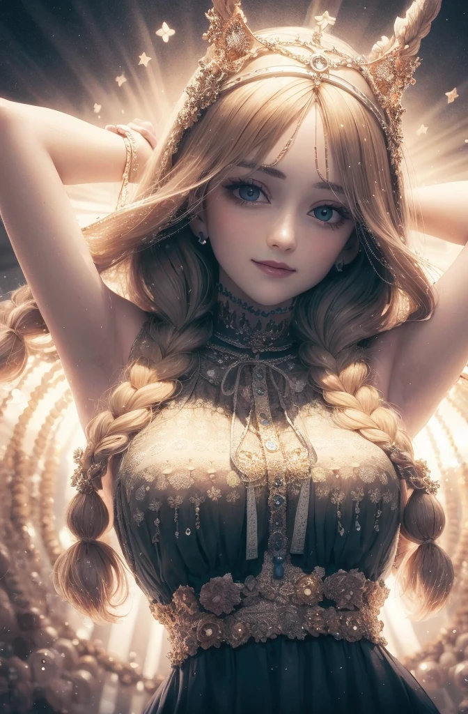 best quality, masterpiece, upper body,
(adult:1.6) hungarian woman, (smirk:0.4), arms behind head,
braided golden hair,
sparkling eyes,
victorian sundress,
floating light particles, centered, <hypernet:sxzBloom_sxzBloom:0.7>