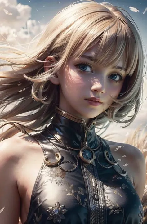 best quality, masterpiece, upper body,
woman, 
windblown blonde hair,
sparkling eyes,
steampunk nude
windy,  <hypernet:sxzBloom_sxzBloom:0.5>