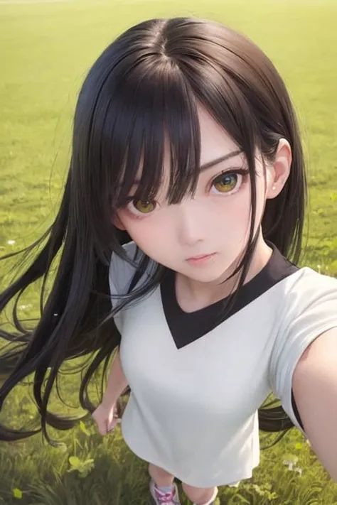 (photorealistic), (realistic), volumetric lighting, silky_hair, (straight hair), blush, (green eyes), (detailed_eyes), extremely detailed illustration of a female korean, black hair, wearing running shoes, standing on a grass field, cowboy shot, contrapposto, looking at viewer, highres, superb, 8k wallpaper, extremely detailed, intricate, soft lighting, 4k, smooth lighting, 8k, depth of field, masterpiece, smooth focus, hyper detailed, detailed eyes, eyes focus, (mid shot:1.25), (portrait:1.25), (solo:1.2), (beautiful face:1.15)