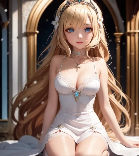 best quality, masterpiece, aquamarine eyes, full body, ( best quality, ultra-detailed), (best illumination, best shadow, an extremely delicate and beautiful), dynamic angle, Depth of field, (bloom), (shine), (solo), light, best, ornate, colorful, cinematic angle, adorable, 1girl, holy virgin, (light smile:0.6), very long hair, braided light blonde hair, (((detailed eyes))), looking at viewer, lace-trimmed dress, white dress, white garter straps, tiara, hair ornament, jewelry, ribbon choker, pendant, heaven, snowy, holy, <lora:hipoly3DModelLora_v10:0.2>