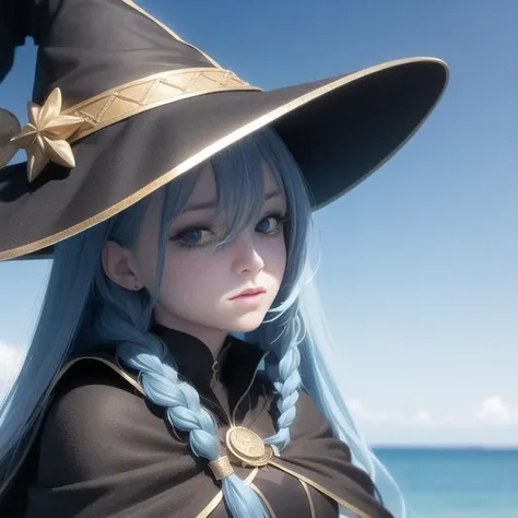 roxy migurdia, 1 young girl, bangs, black headwear, sitting by the ocean, blue eyes, blue hair, braid, brown cape, cape, close-up, floating hair, hair between eyes, hat, long hair, looking at viewer, portrait, solo, water drop, witch hat, ((masterpiece)), blue light, blue background <lora:roxy_migurdia_offset:1>, 3d,upper body <lora:nahida_1840:1>