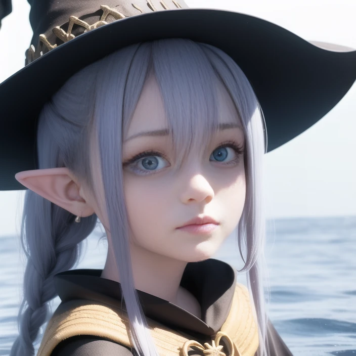 roxy migurdia, 1 young girl, bangs, black headwear, sitting by the ocean, blue eyes, blue hair, braid, brown cape, cape, close-up, floating hair, hair between eyes, hat, long hair, looking at viewer, portrait, solo, water drop, witch hat, ((masterpiece)), blue light,pointy ears,  blue background <lora:roxy_migurdia_offset:1>, 3d,upper body <lora:nahida_1840:1>