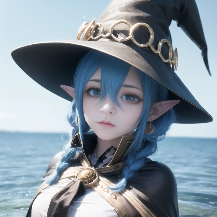roxy migurdia, ung girl, bangs, black headwear, sitting by the ocean, blue eyes, blue hair, braid, brown cape, cape, close-up, floating hair, hair between eyes, hat, long hair, looking at viewer, portrait, solo, water drop, witch hat, ((masterpiece)), blue light,pointy ears, blue background <lora:roxy_migurdia_offset:1>, 3d,upper body <lora:nahida_1840:1>,ears under hair,white shirt, yellow skin