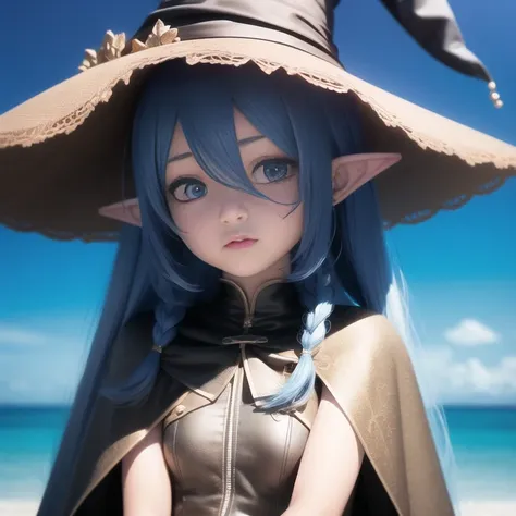 roxy migurdia, 1 young girl, bangs, black headwear, sitting by the ocean, blue eyes, blue hair, braid, brown cape, cape, close-up, floating hair, hair between eyes, hat, long hair, looking at viewer, portrait, solo, water drop, witch hat, ((masterpiece)), blue light,pointy ears,  blue background <lora:roxy_migurdia_offset:1>, 3d,upper body <lora:nahida_1840:1>