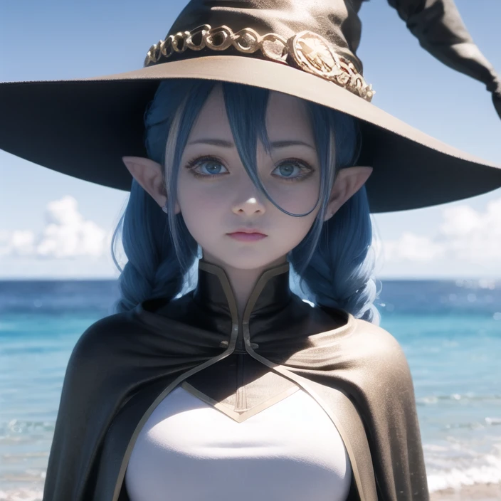 roxy migurdia, ung girl, bangs, black headwear, sitting by the ocean, blue eyes, blue hair, braid, brown cape, cape, close-up, floating hair, hair between eyes, hat, long hair, looking at viewer, portrait, solo, water drop, witch hat, ((masterpiece)), blue light,pointy ears, blue background <lora:roxy_migurdia_offset:1>, 3d,upper body <lora:nahida_1840:1>,ears under hair,white shirt,
