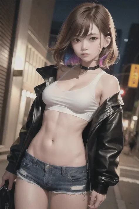 ((medium breast, tomboy girls, small head)),  (chiseled abs : 1.1), (perfect body : 1.1), (short wavy hair : 1.2) , auburn hair, collar, chain, full body shot, crowded street, wearing black tanktop, jeans jacket, ((shorts)), (extremely detailed CG 8k wallpaper), (an extremely delicate and beautiful), (masterpiece), (best quality:1.0), (ultra highres:1.0),  beautiful lighting ,perfect lightning, realistic shadows, [highres], detailed skin, ultra-detailed <lora:koreanDollLikeness_v15:0.3>, (((colorful)))