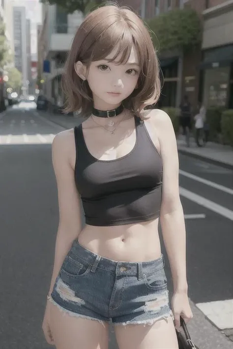 ((medium breast, tomboy girls, small head)),  (chiseled abs : 1.1), (perfect body : 1.1), (short wavy hair : 1.2) , auburn hair, collar, chain, full body shot, crowded street, wearing black tanktop, jeans jacket, ((shorts)), (extremely detailed CG 8k wallpaper), (an extremely delicate and beautiful), (masterpiece), (best quality:1.0), (ultra highres:1.0) <lora:koreanDollLikeness_v15:0.3>