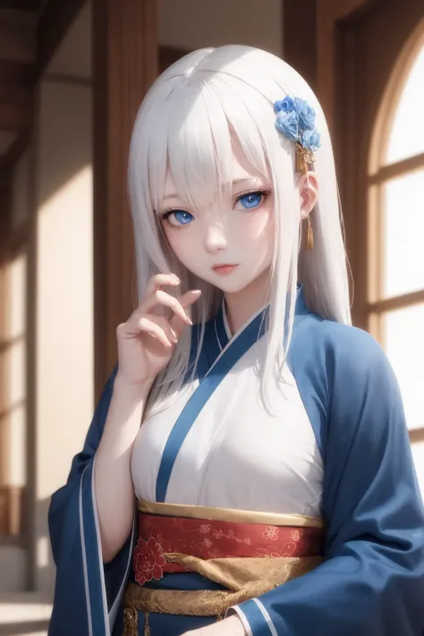 best quality, masterpiece,white hair, blue eyes, upper body,beautiful detailed eyes,aquagradient eyes,hanfu,medium_breasts,