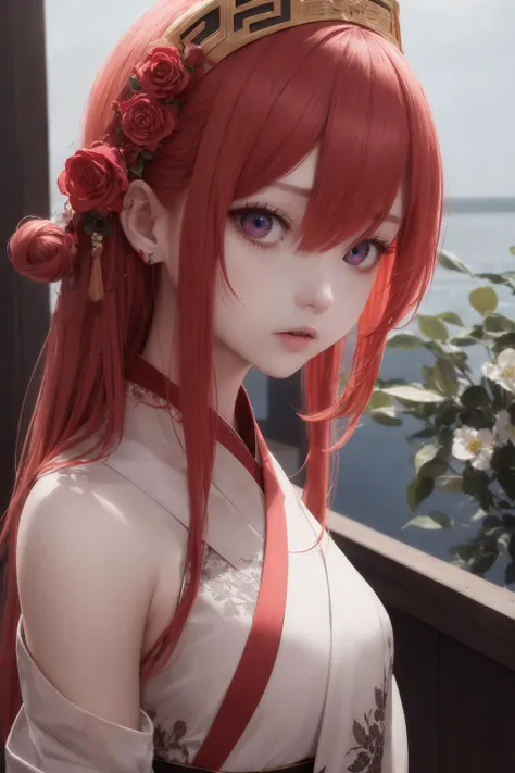 best quality, masterpiece,,blunt_bangs, , red_hair/red_eyes,upper body,beautiful detailed eyes,aquagradient eyes,breath,hanfu,