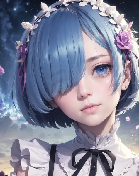 masterpiece, best quality, ultra-detailed, illustration, epic lighting, cinematic composition, colorful, sidelighting, lustrous skin, realistic, 3d face, (finely detailed beautiful eyes: 1.2), 1girl, rem_\(re:zero\),cute, medium breasts, blue hair, short hair, (hair over one eye:1.3), eyes_visible_through_hair, blue eyes, roswaal_mansion_maid_uniform, (head tilt:1.2), standing, close-up, fantasy, summer, night sky, stars, nebula, blue flowers, garden, blue roses, moonlight, peaceful, serenity, (8k:1.1), <lora:remReZero_v10:0.5>