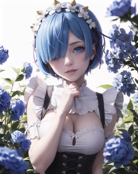 masterpiece, best quality, ultra-detailed, illustration, epic lighting, cinematic composition, colorful, sidelighting, lustrous skin, realistic, 3d face, (finely detailed beautiful eyes: 1.2), 1girl, rem_\(re:zero\),cute, medium breasts, blue hair, short hair, (hair over one eye:1.3), eyes_visible_through_hair, blue eyes, roswaal_mansion_maid_uniform, surprised, (head tilt:1.2), standing, close-up, fantasy, summer, blue flowers, garden, blue roses, sunlight, peaceful, serenity, (8k:1.1), <lora:remReZero_v10:0.5>