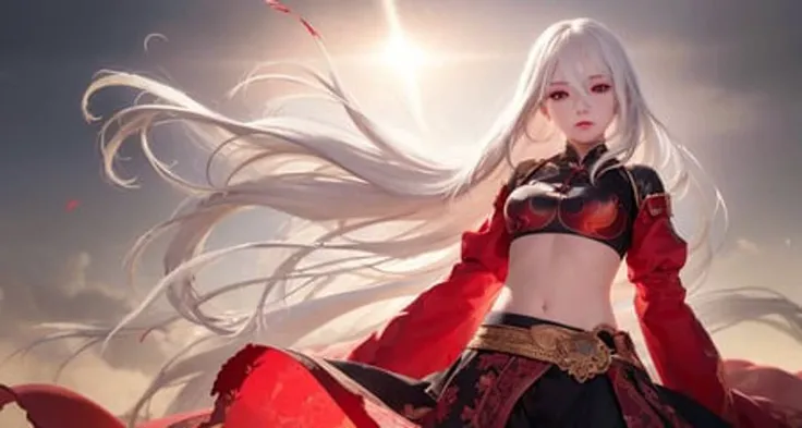 best quality, masterpiece, realistic:1.4, 1girl, white hair, detailed, red eyes, red eyes, red eyes, windy, floating hair, detailed face, falling from sky, sunshine, midriff
<lora:chilloutmixss20v20:0.3> <lora:Korean-doll-likeness:0.2> <lora:SenSenchan25Twitterv10:0.1>