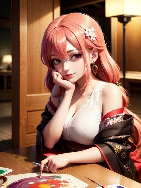 1girl, (ulzzang-6500:0.7), kpop idol, yae miko, detached sleeves, bare shoulders, pink hair, long hair, japanese clothes, best quality, (painting:1.5), (hair ornament:1.35), jewelry, purple eyes, earrings, breasts, torii,  cherry blossoms,  lantern light, depth of field, detailed face, face focus, ribbon_trim, (looking at viewer:1.25), nontraditional miko, shiny skin, long sleeves, smile, thick lips, game cg, hands on lips, east asian architecture, (blurry background:1.2), sitting, upper body,