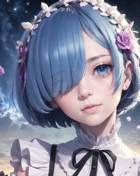 masterpiece, best quality, ultra-detailed, illustration, epic lighting, cinematic composition, colorful, sidelighting, lustrous skin, realistic, 3d face, (finely detailed beautiful eyes: 1.2), 1girl, rem_\(re:zero\),cute, medium breasts, blue hair, short hair, (hair over one eye:1.3), eyes_visible_through_hair, blue eyes, roswaal_mansion_maid_uniform, (head tilt:1.2), standing, close-up, fantasy, summer, night sky, stars, nebula, blue flowers, garden, blue roses, moonlight, peaceful, serenity, (8k:1.1), <lora:remReZero_v10:0.5>