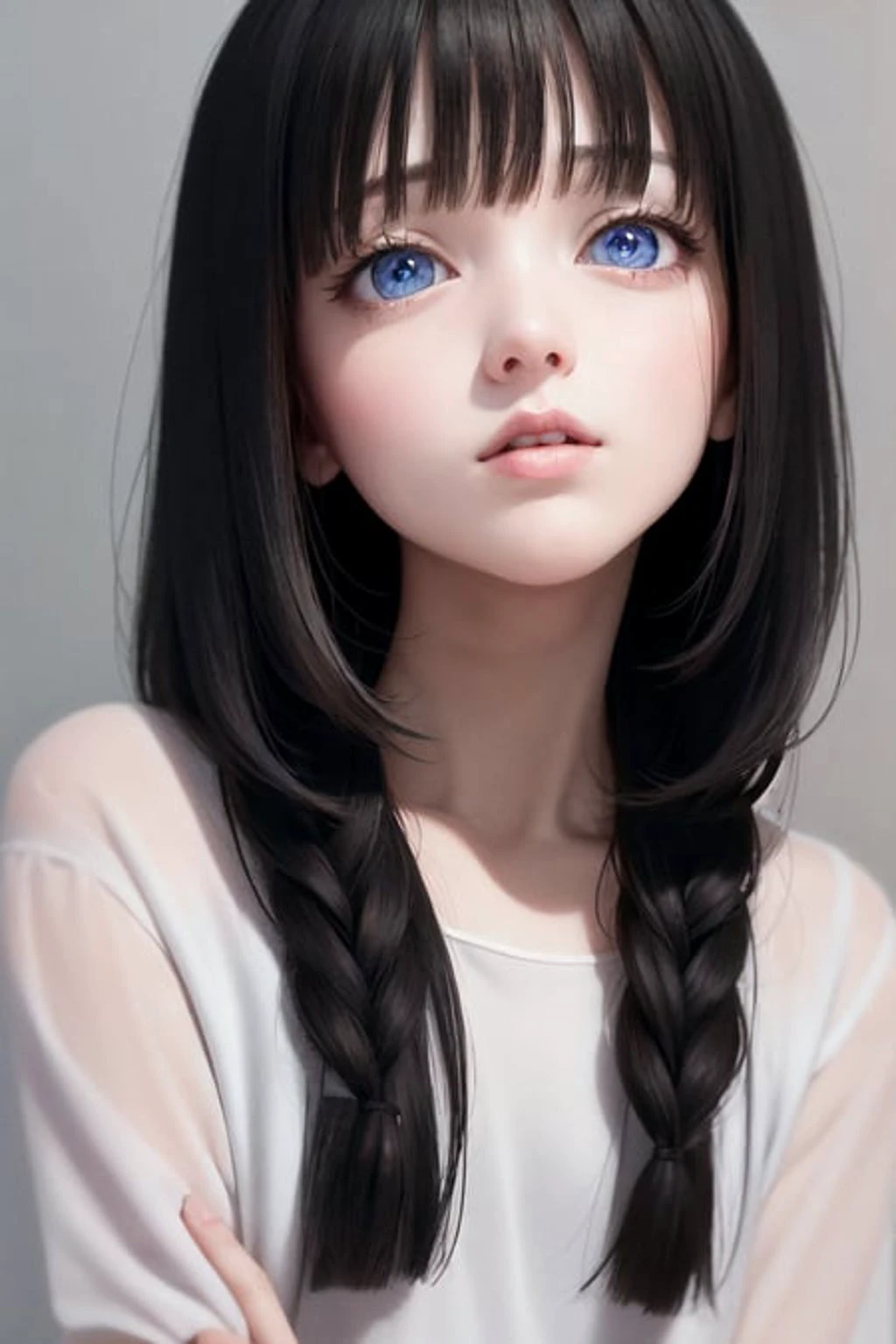 best quality, masterpiece,Black hair, blue eyes, looking up, upper body