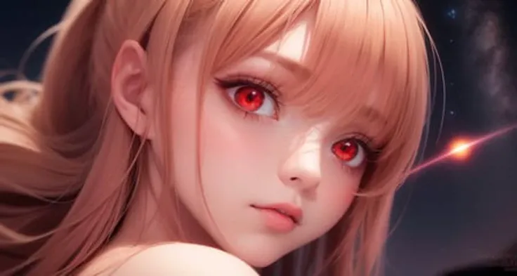best quality, masterpiece, 1girl, beautiful face, ((red eyes)), sexy pose, Red moon in the background, stars, space, (lightroom:1.13), soft light, (natural skin texture:1.2), (hyperrealism:1.2), sharp focus, focused